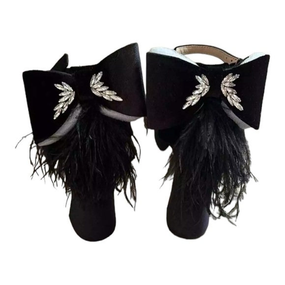 Antonio Melani Janie Black Velvet Platform Angel Rhinestone Bow Feather Size 7.5 - Picture 14 of 16